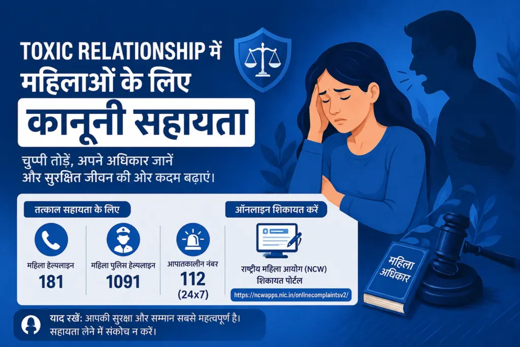 Stress Management in Hindi: आज और अभी से तनाव कम करने के 10 असरदार तरीके (2026) 22 Toxic Relationship Meaning in Hindi infographic showing legal help for women, domestic violence support, Women Helpline 181, Police Helpline 1091 and NCW complaint portal.